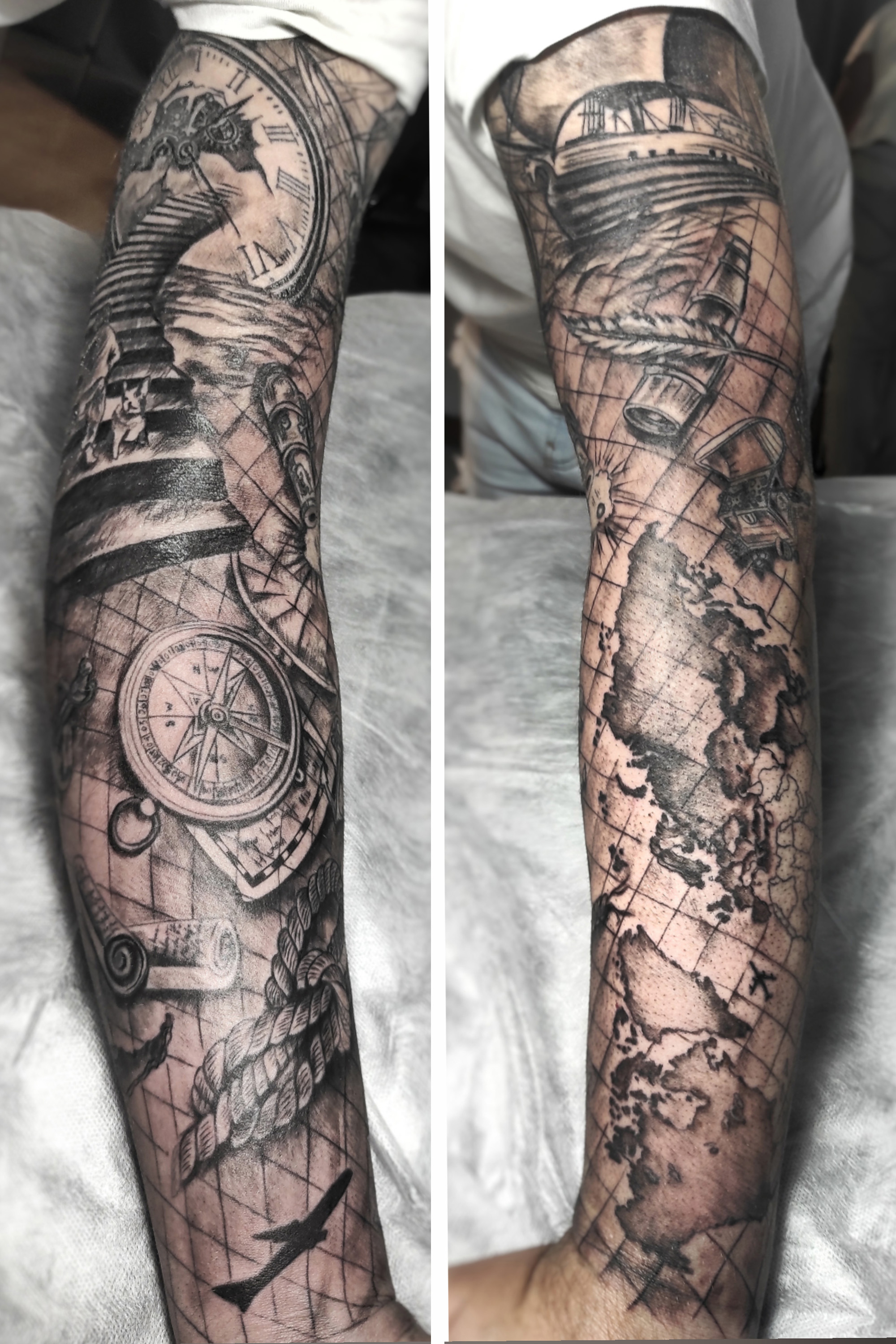 Brazo entero tatuado en realismo dedicado a los viajes y el mar