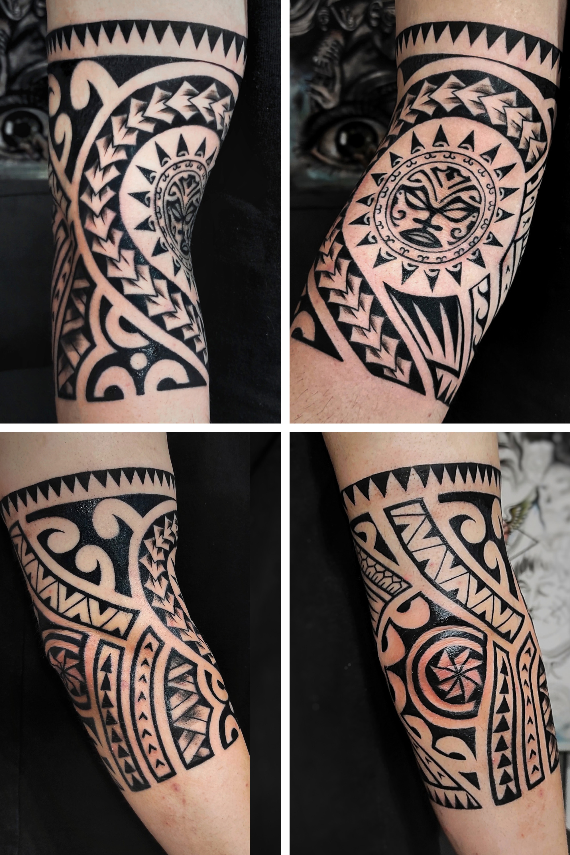 Tatuaje maorí con sol alrededor del codo hecho en Madrid