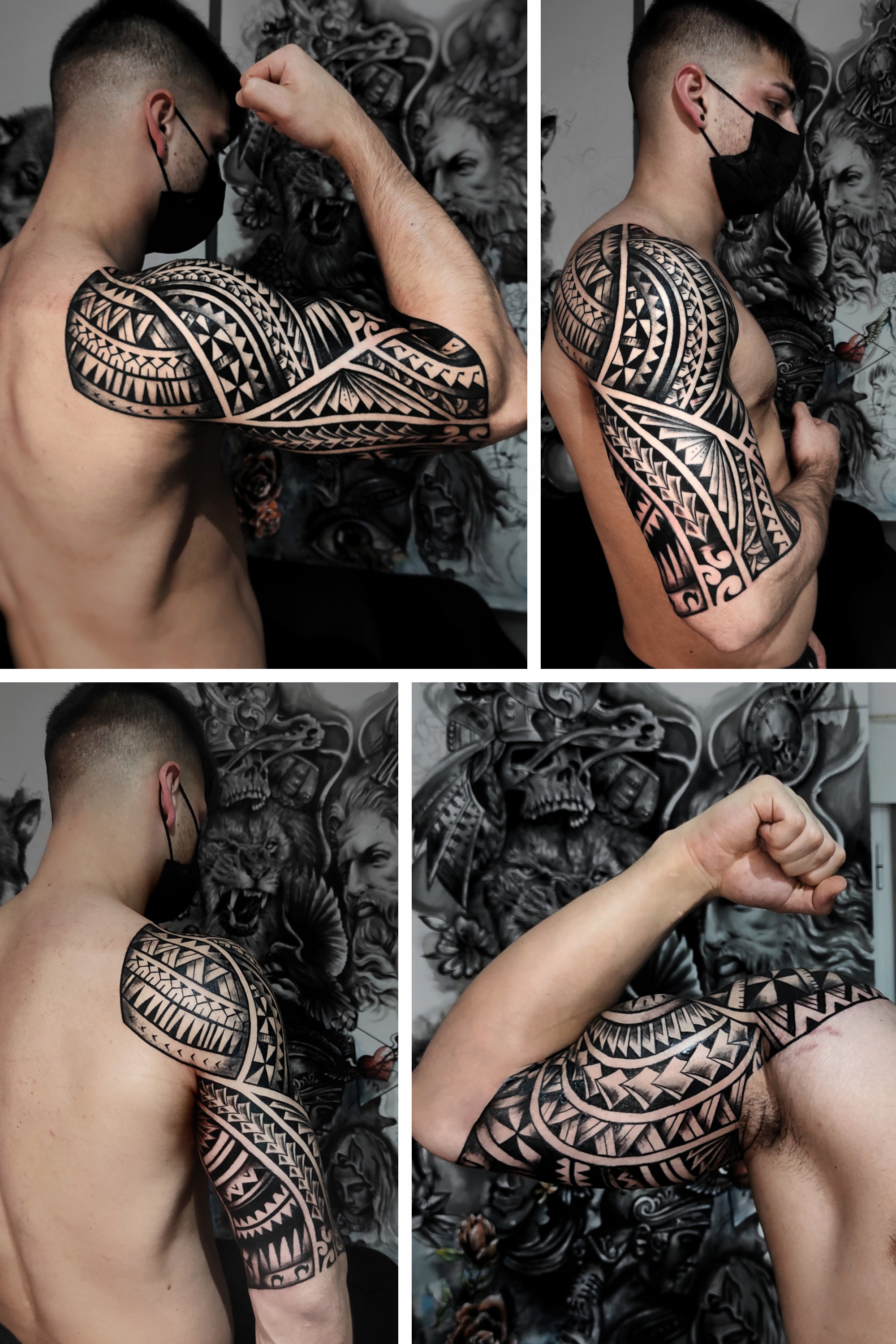 Tatuaje samoano de hombro a codo siguiendo las formas del brazo