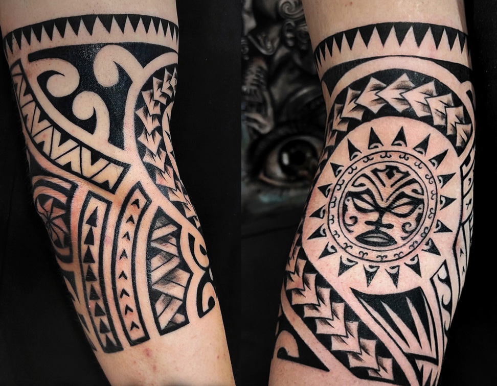 Tatuaaje maorí con sol en el codo
